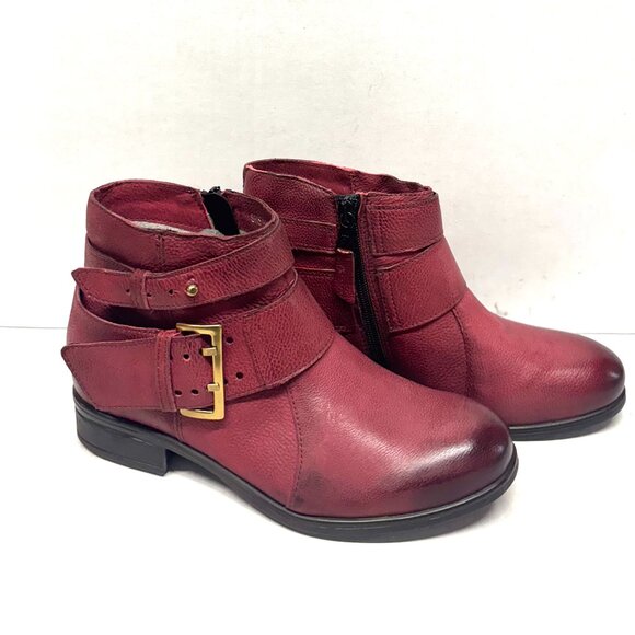 MIZ MOOZ LEATHER BUCKLE ANKLE BOOTIE SIDE ZIP WINE 37EU / 7US # Z-14 - Picture 1 of 3